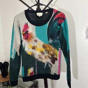 Anthropologie Womens XS Sweater Rooster Artwork Lauren C Walcott Wool Blend